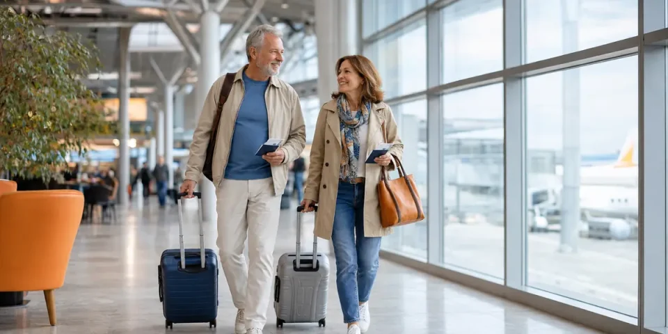 Mature couple travelling through an airport with suitcases