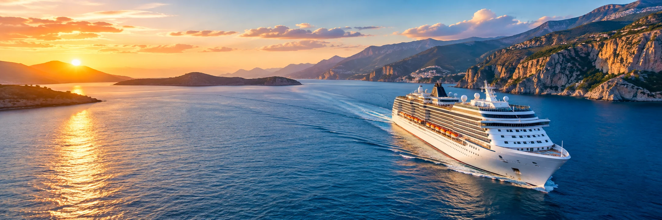 Cruise ship sailing through a scenic coastal bay at sunset