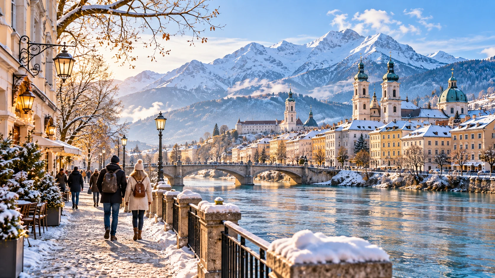 Travellers walking through a snowy European city with alpine mountains in winter