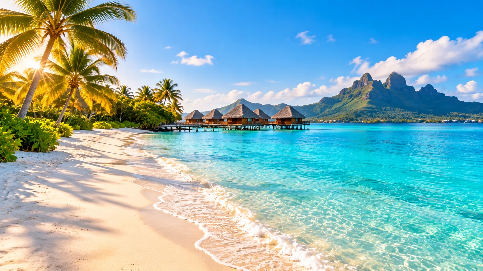 Tropical long-haul winter sun beach with turquoise water and overwater villas