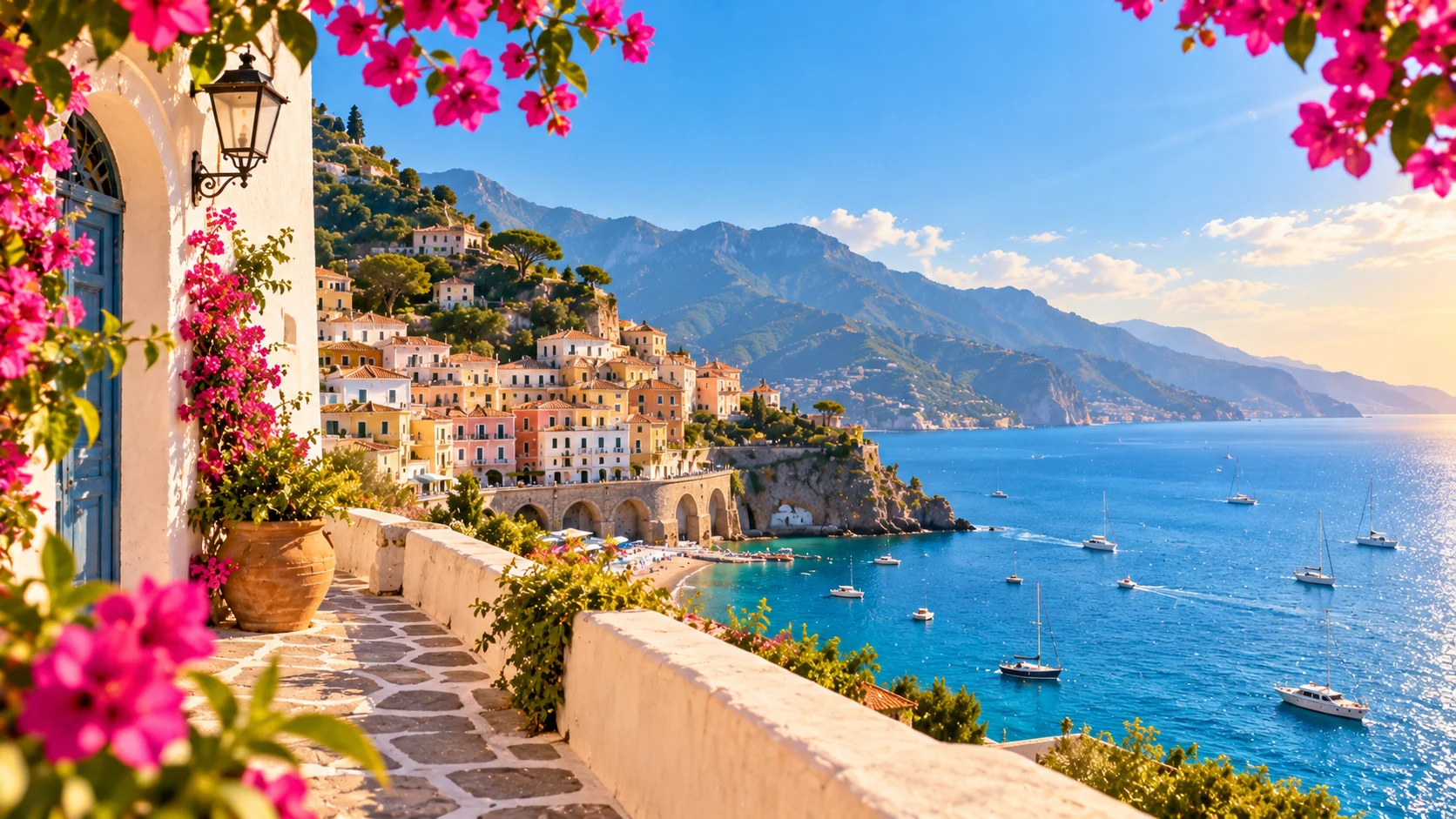 Sunny Mediterranean coastal village with colourful flowers, blue sea and mountain views