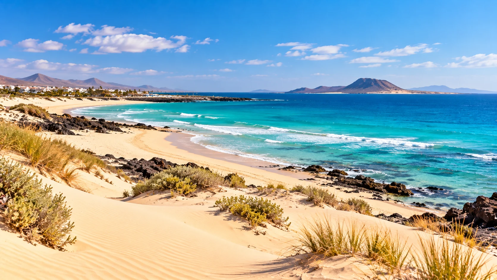 Corralejo coastline with golden dunes, turquoise sea and volcanic island scenery