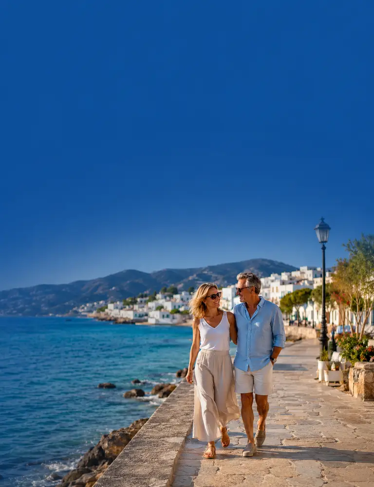 Couple walking along a sunny Mediterranean seafront.