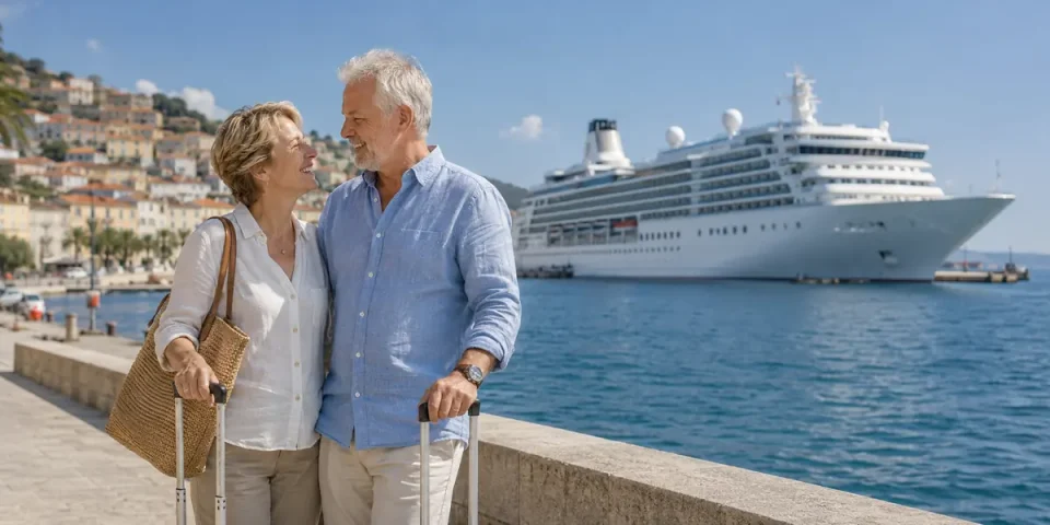Mature couple enjoying a Mediterranean cruise holiday