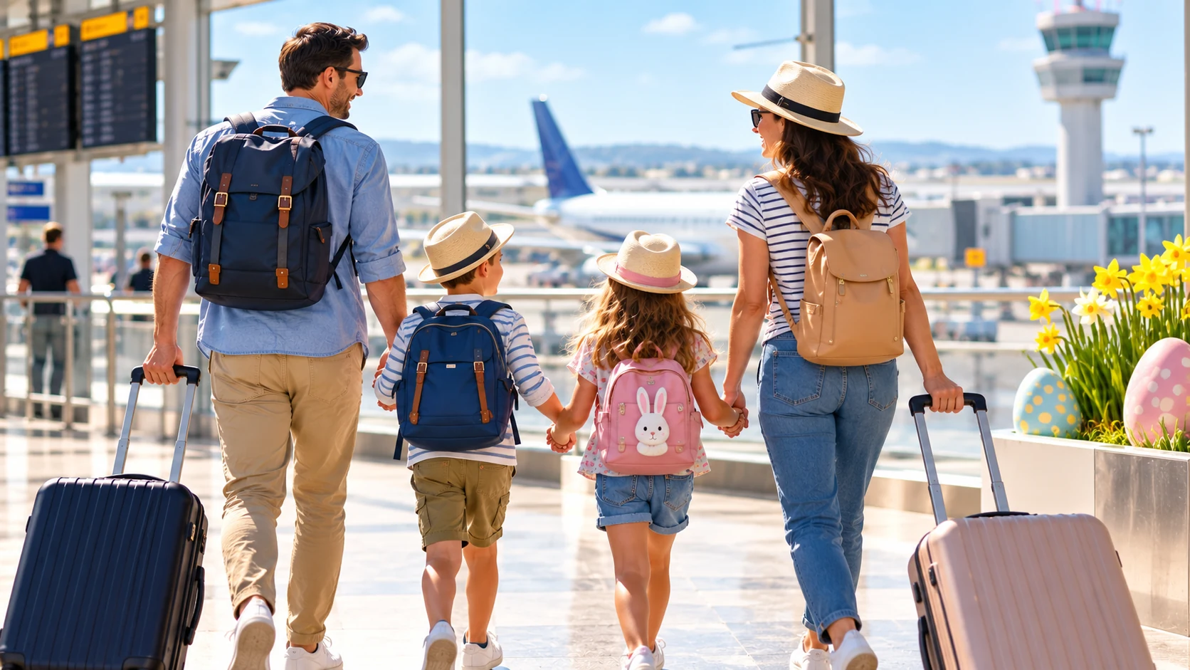 Family of four travelling through an airport for an Easter half term holiday
