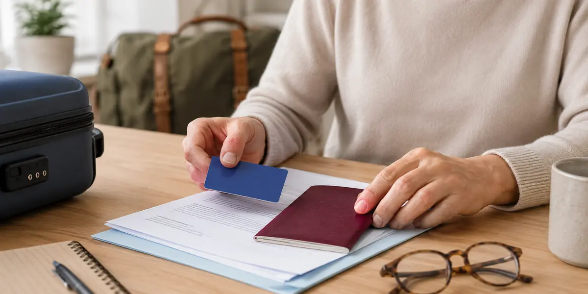 Traveller organising a passport, insurance documents and healthcare card
