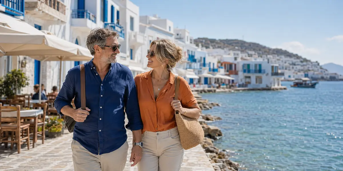Couple enjoying a sunny European coastal holiday