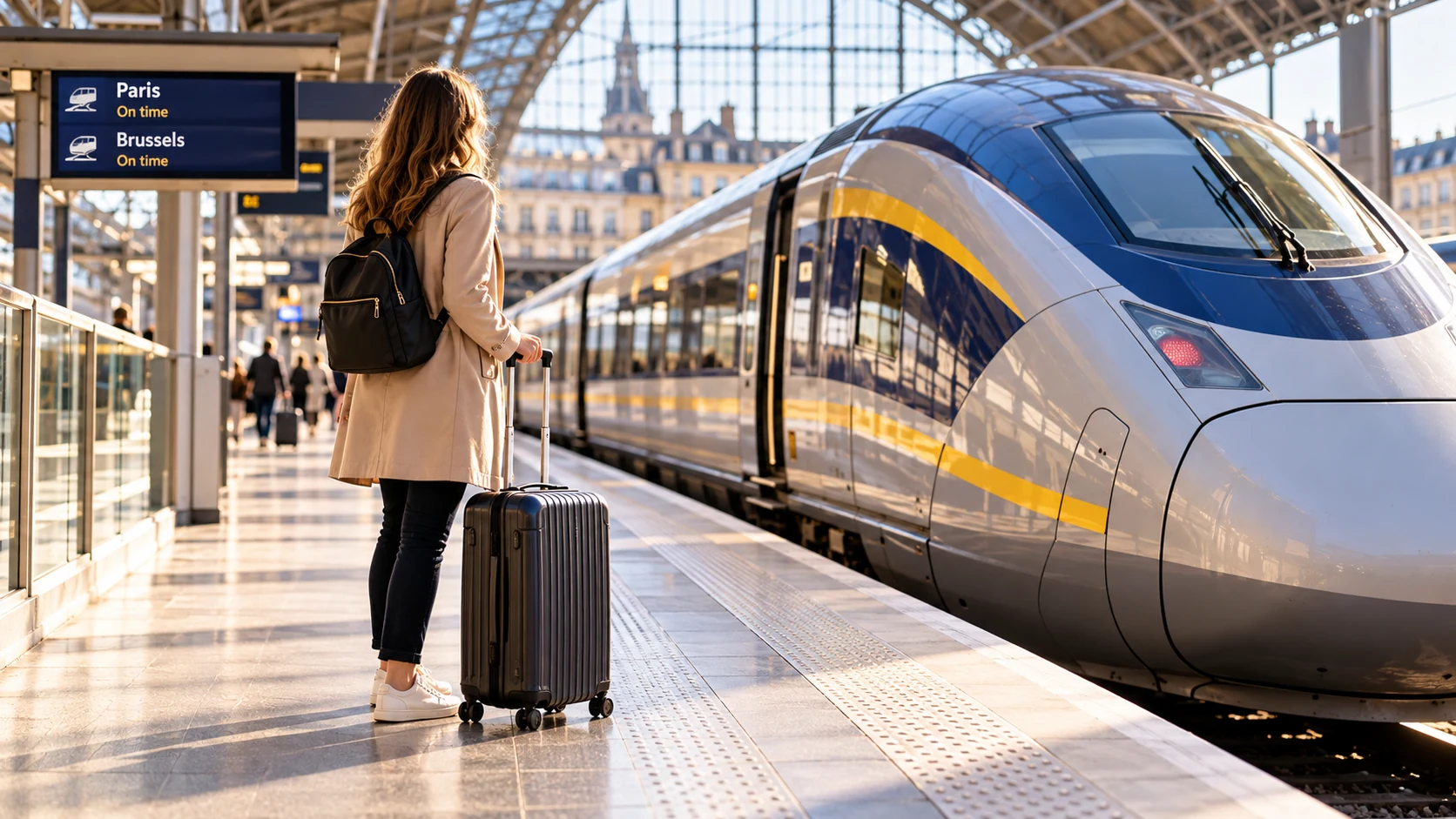 Traveller with luggage waiting beside a high-speed train for a European rail journey