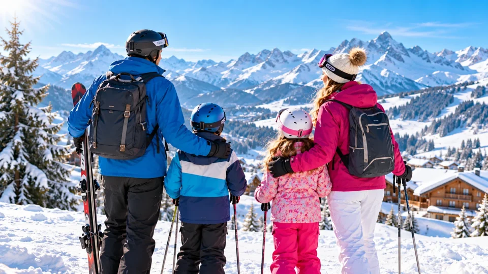 Family of four enjoying a ski holiday in the Alps during February half term