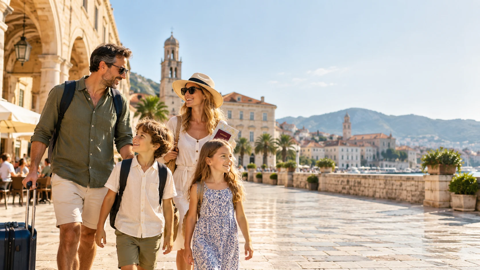 Family travelling in Europe with luggage and travel documents