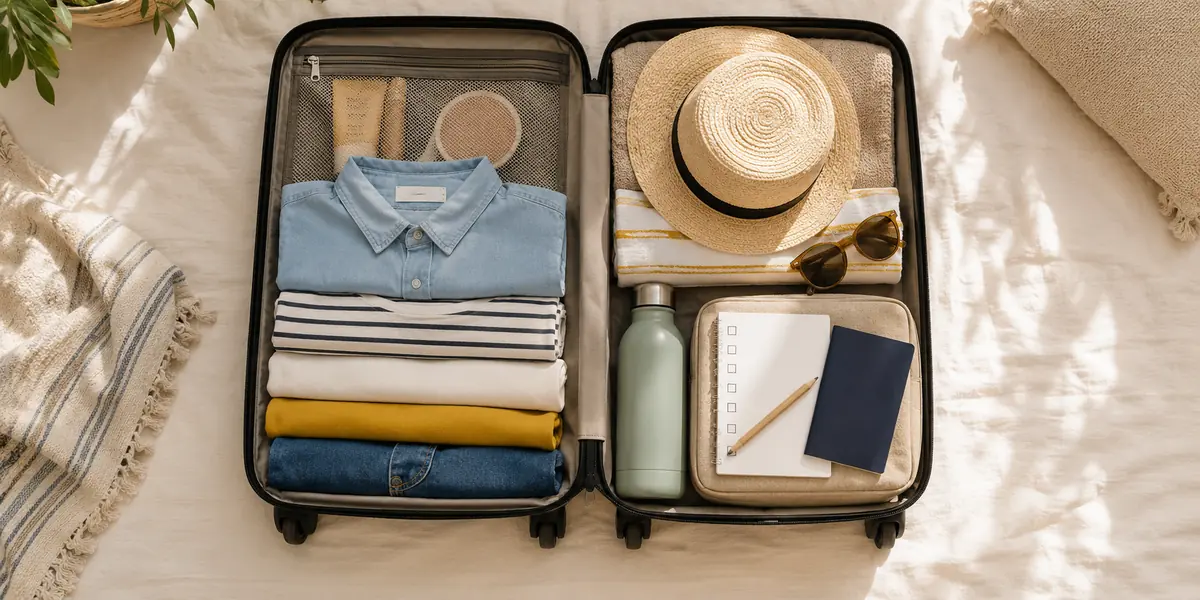 Open suitcase packed for a holiday beside a travel checklist