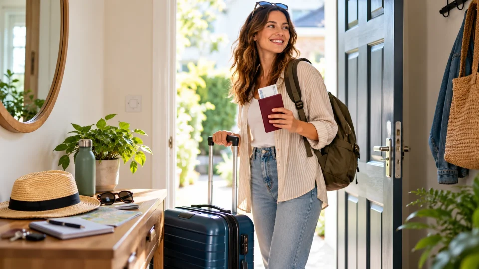 Traveller preparing to leave home with luggage and holiday essentials