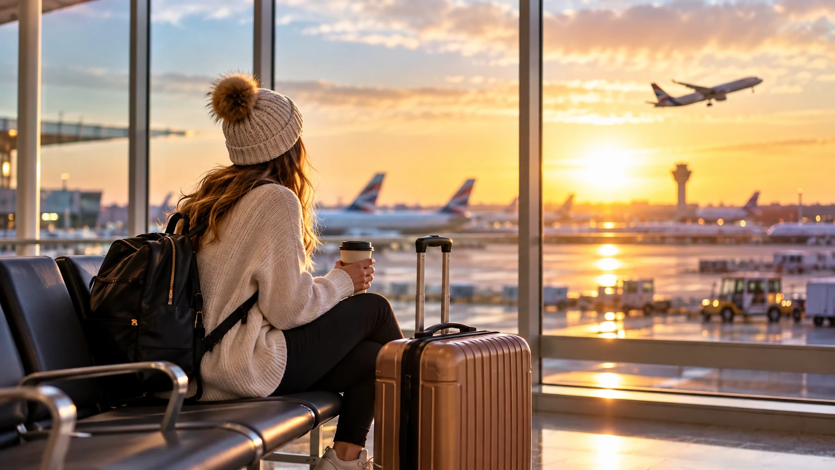 Traveller waiting at an airport for a last-minute winter holiday