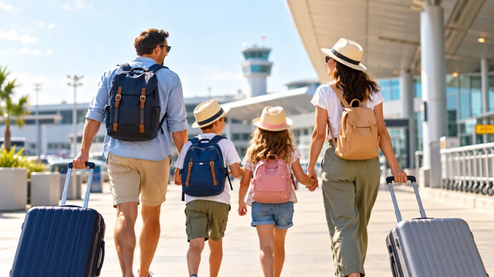 Family of four arriving at an airport for a May half term holiday