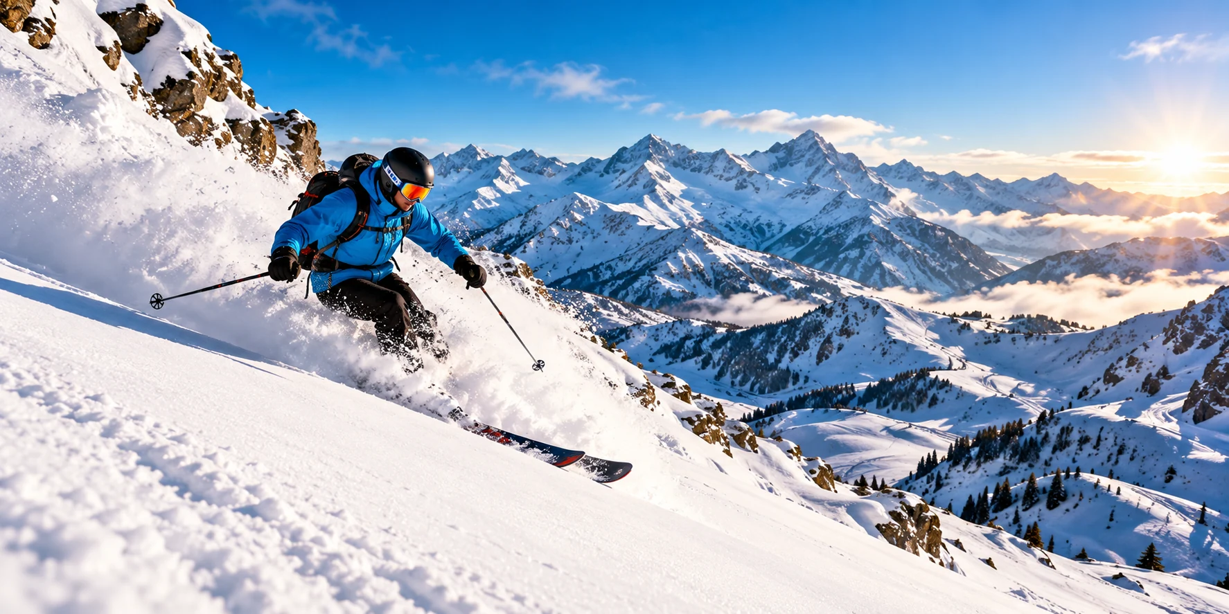 Skier carving through deep powder on an off-piste alpine slope