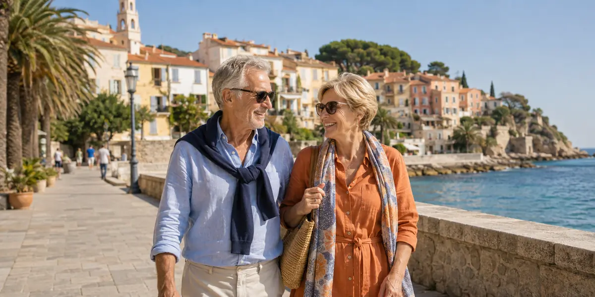 Older couple enjoying a sunny European seaside holiday