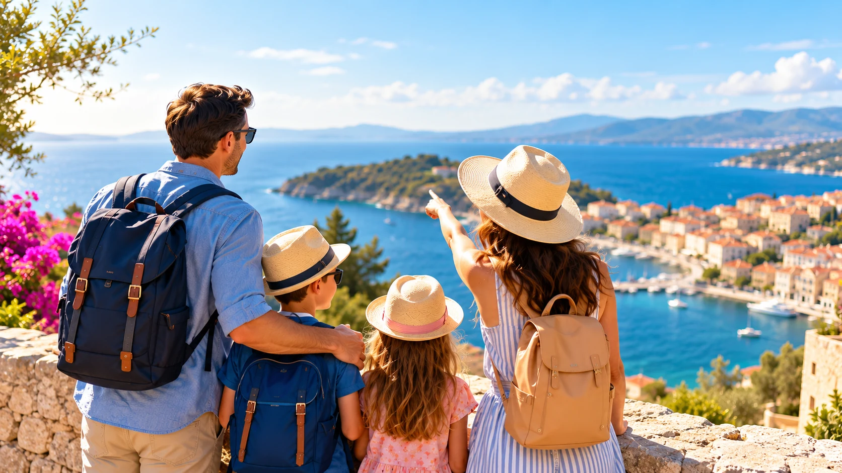Family of four at an airport ready to travel to their holiday destination