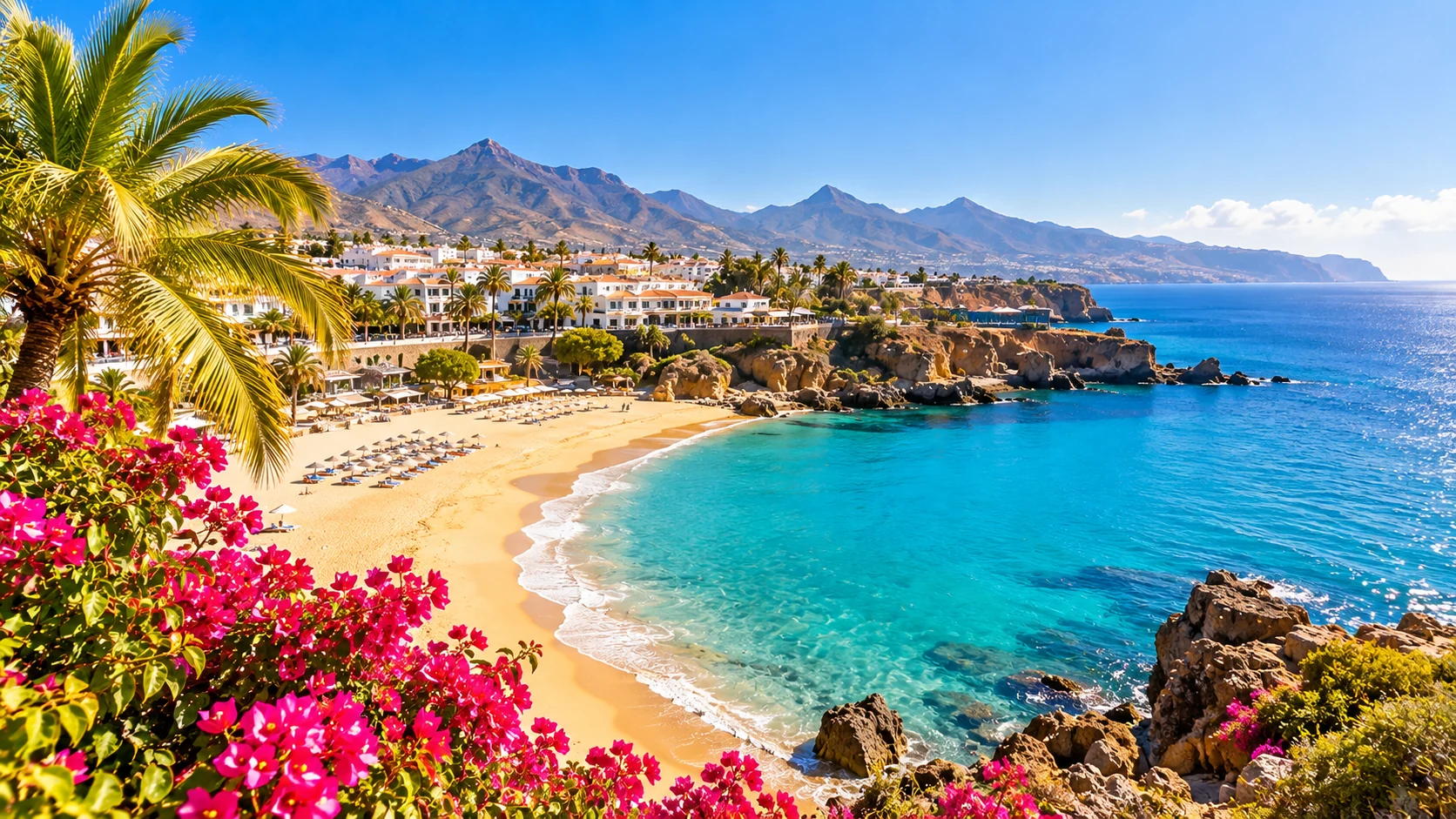 Sunny coastal resort with turquoise sea and palm trees on a short-haul winter sun holiday
