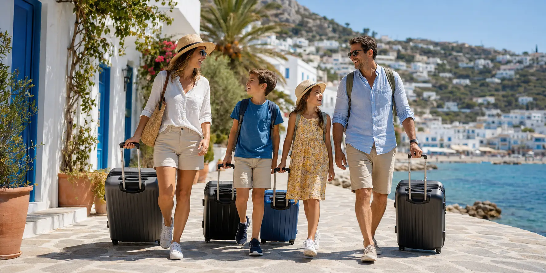 Family arriving at a sunny Mediterranean destination with suitcases