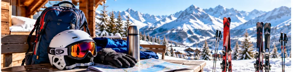Ski equipment packed and ready for a winter holiday in the mountains