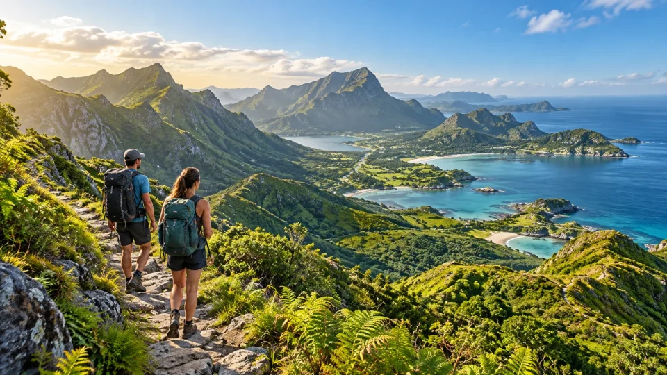 Travellers exploring a green mountain landscape on a sustainable holiday