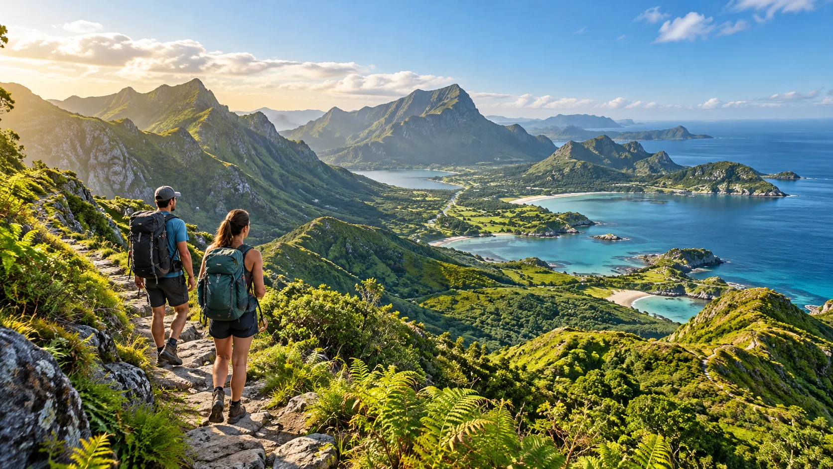 Travellers exploring a green mountain landscape on a sustainable holiday