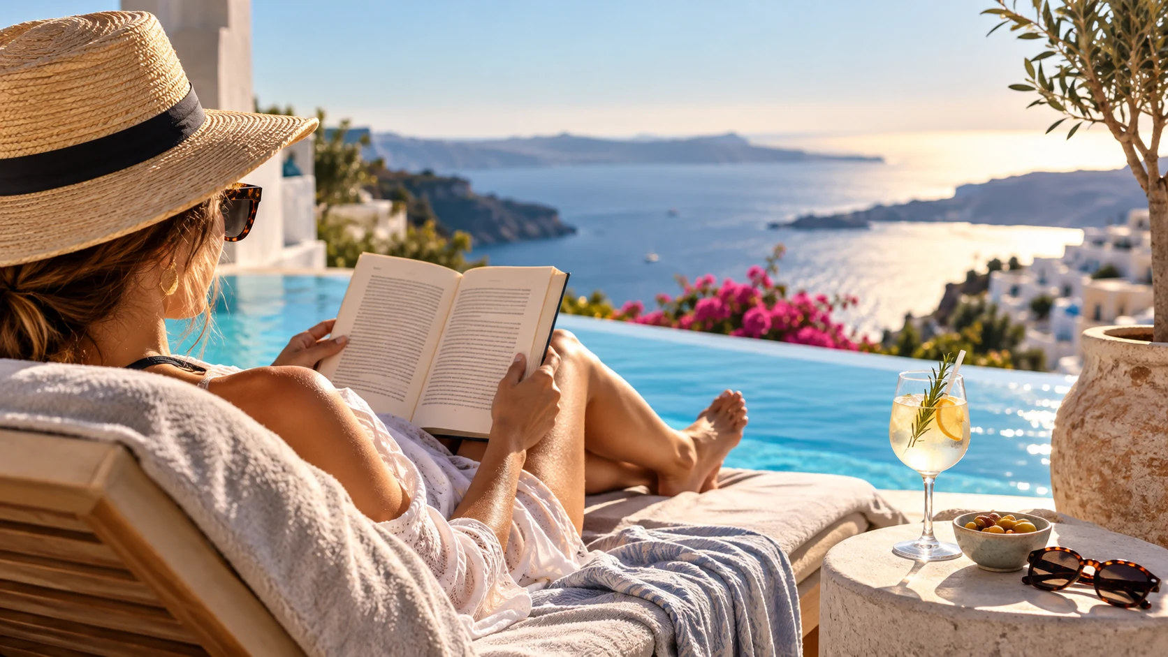 Traveller relaxing on holiday with a book beside a swimming pool