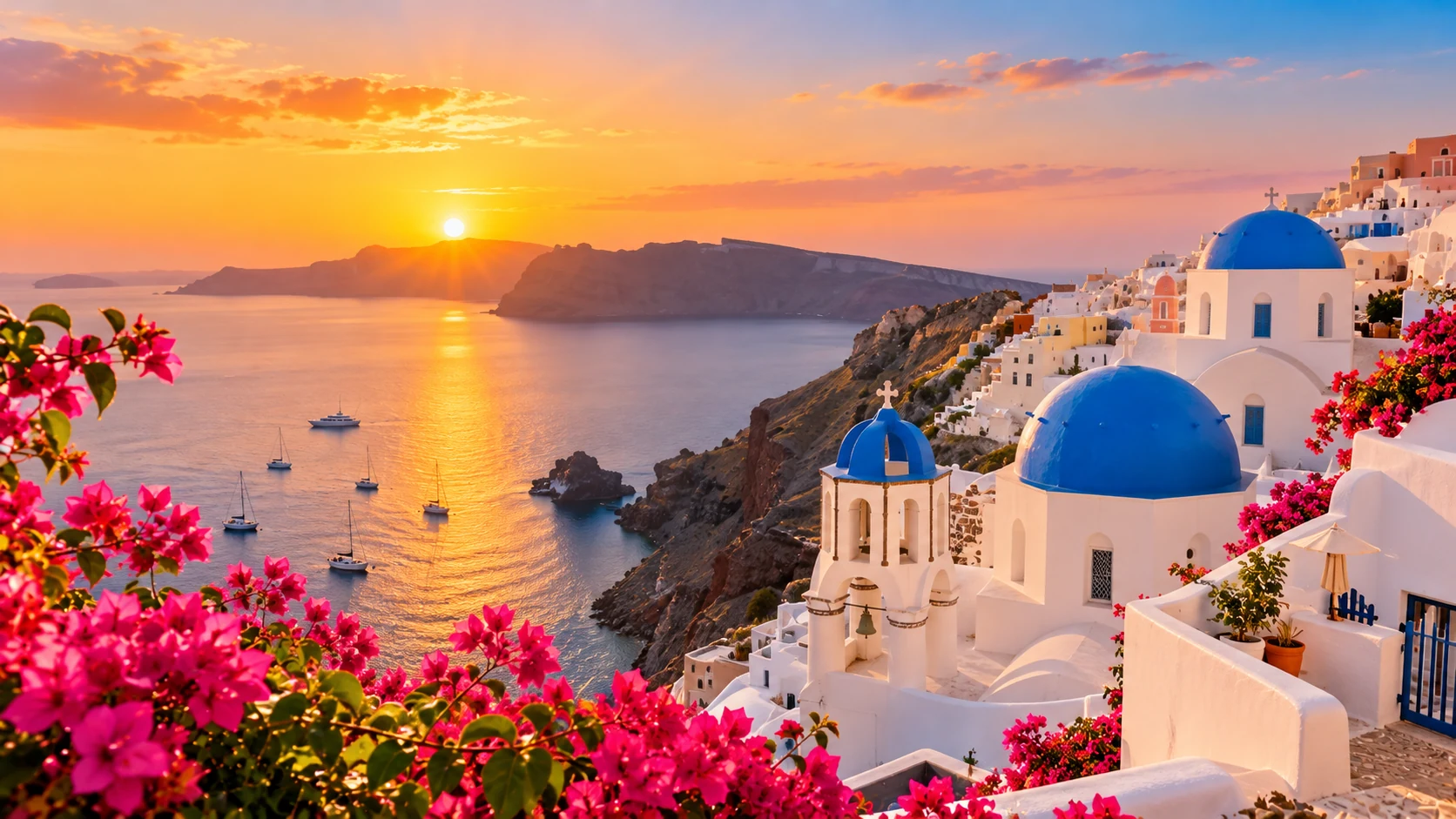 Romantic European island sunset with whitewashed buildings, blue domes and sea views