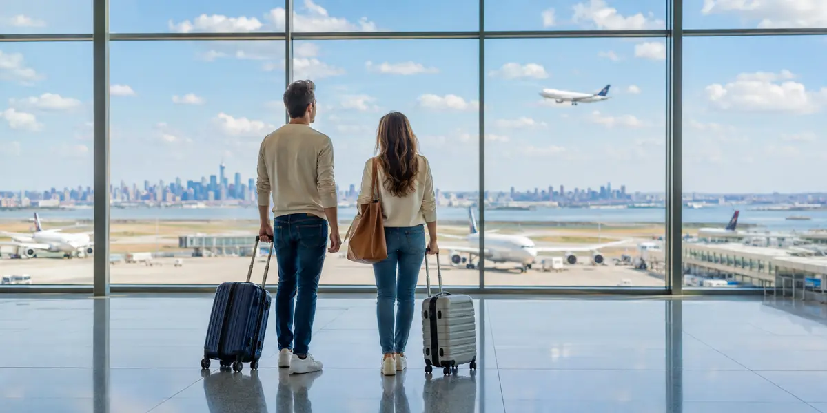 Couple with luggage looking across an airport runway
