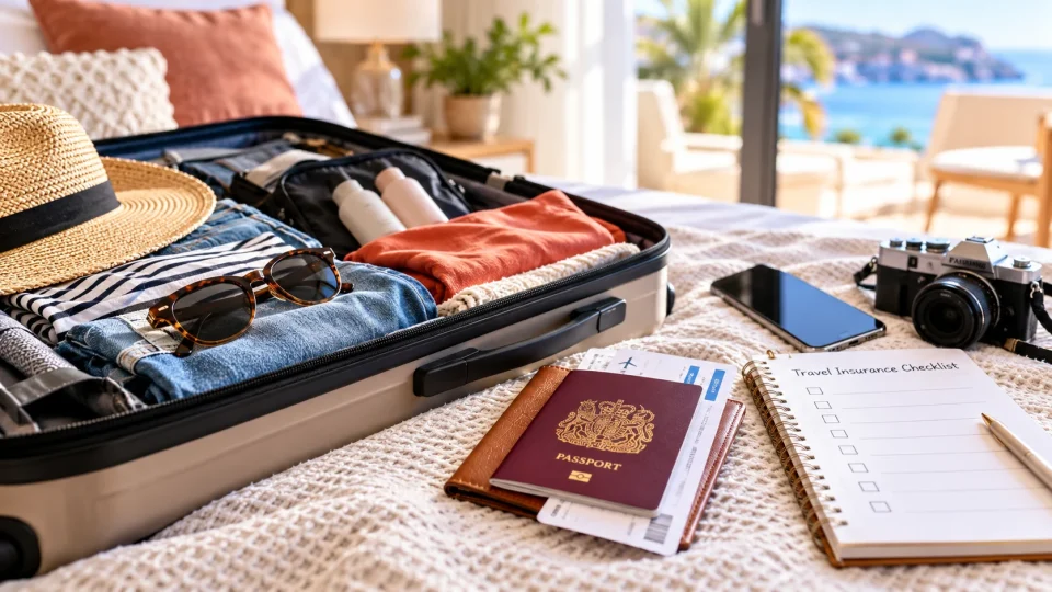 Traveller preparing luggage, passport and documents before a holiday