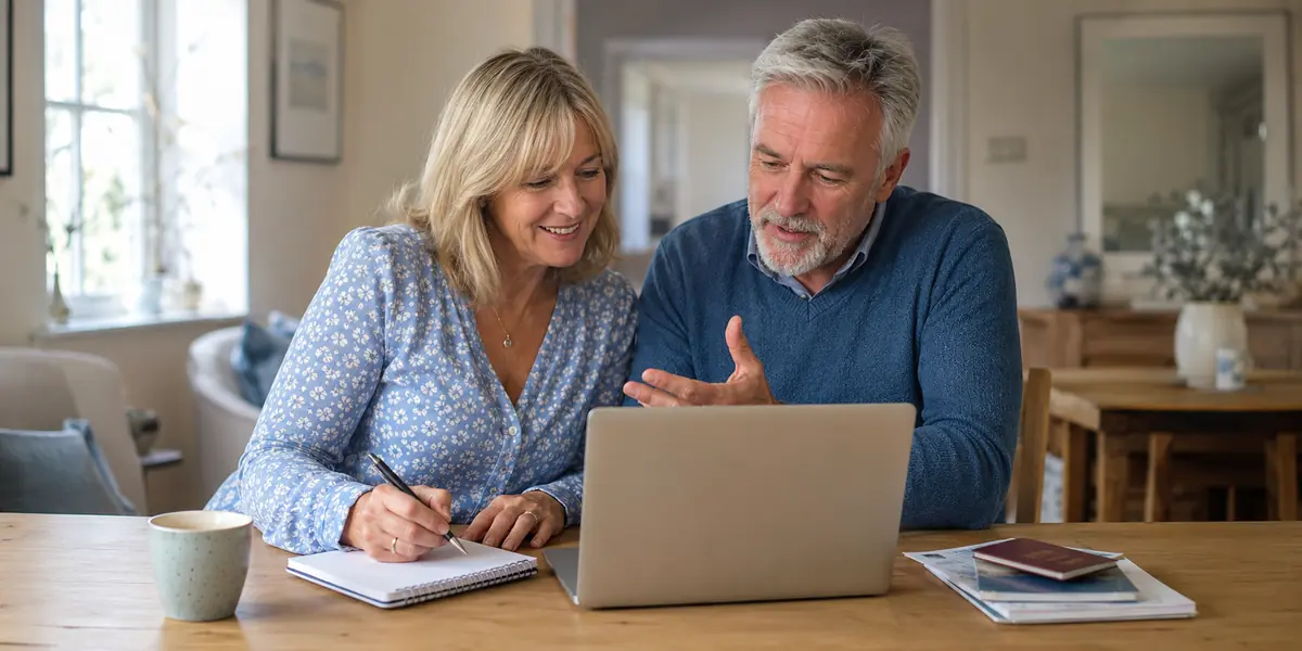 Mature couple researching travel insurance questions online