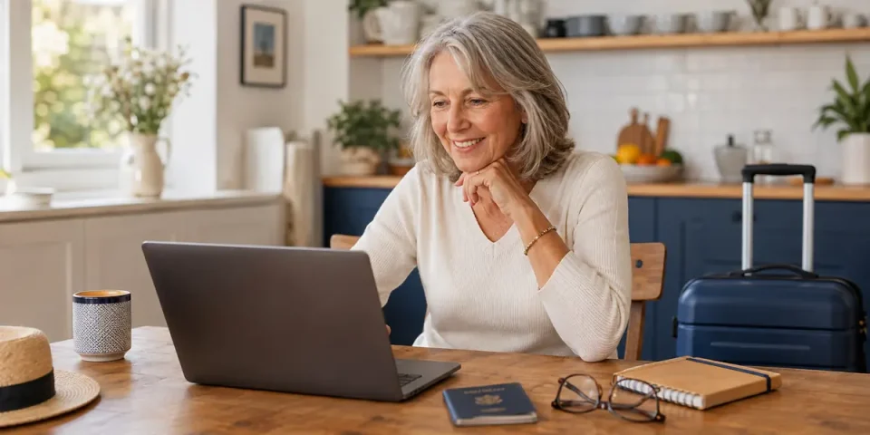 Mature traveller completing travel insurance medical screening online