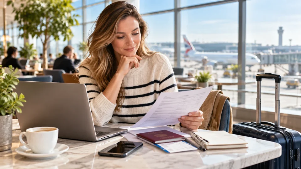 Traveller reviewing travel insurance documents before a holiday