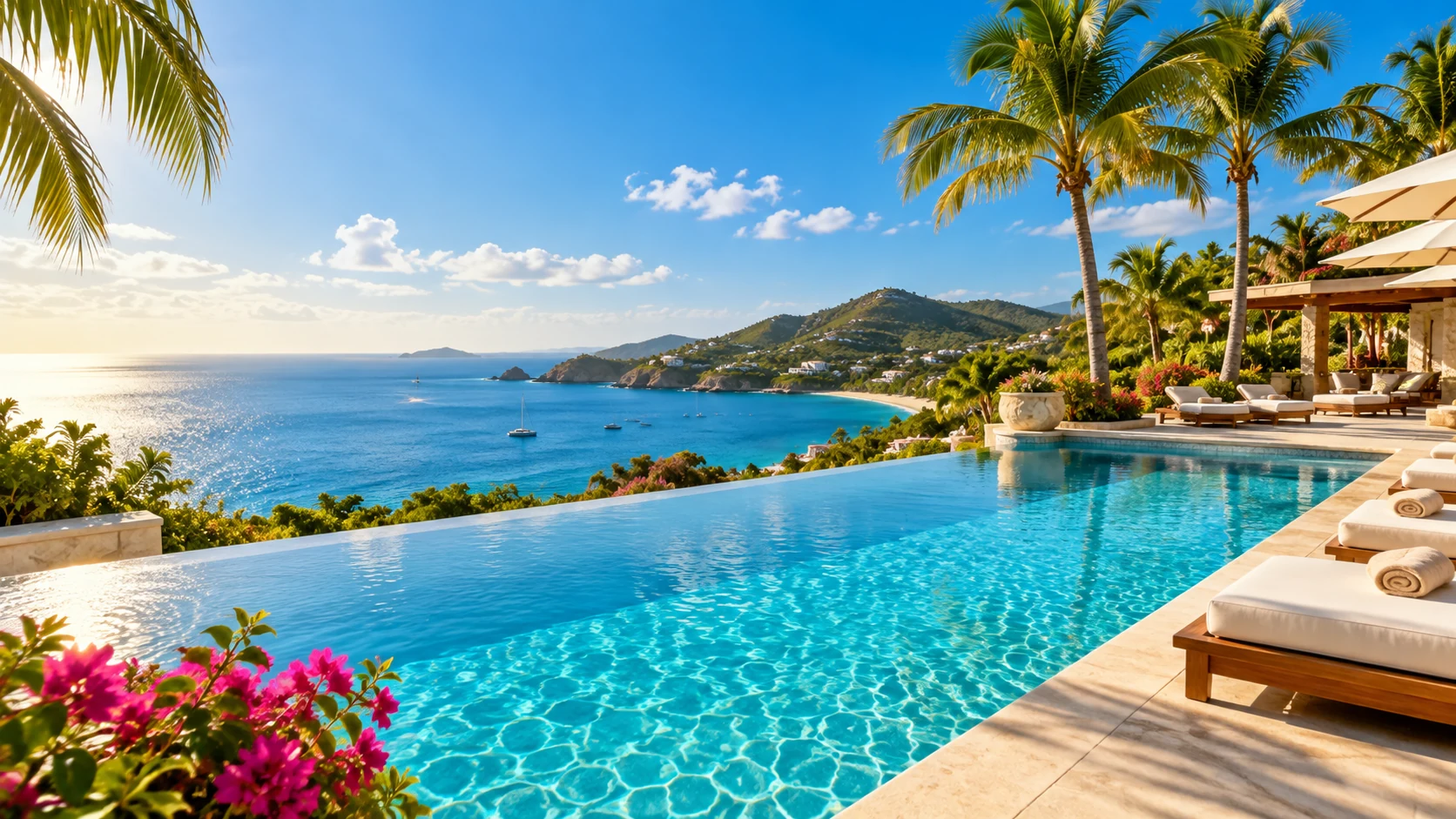 Sunny hot-weather holiday scene with a pool, palm trees and sea view