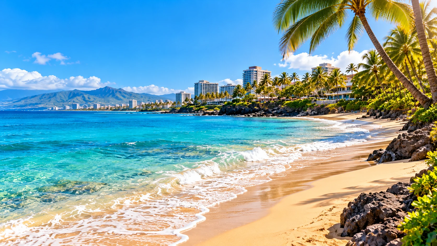 Sunny tropical beach resort with palm trees and clear blue sea on a winter sun holiday